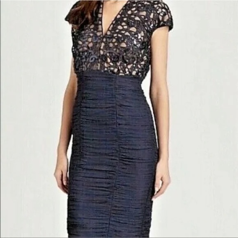 Tadashi Shoji Silk Sequin Midi Dress Women’s 12 Blue Black Formal Cocktail Prom